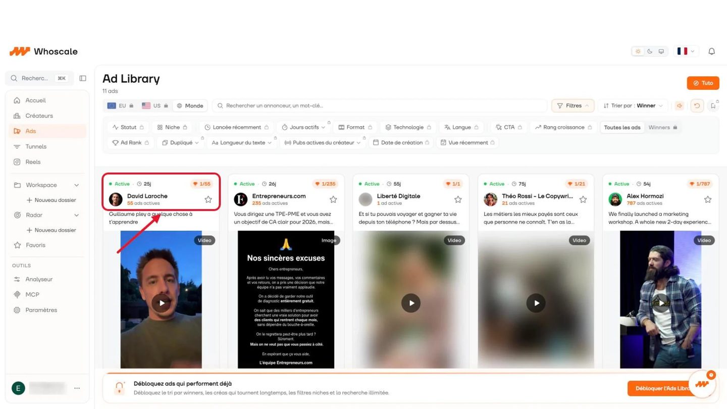 Whoscale : Ad Library avec statut des pubs, jours de diffusion, nombre d'ads actives par annonceur et filtres par niche, format et technologie