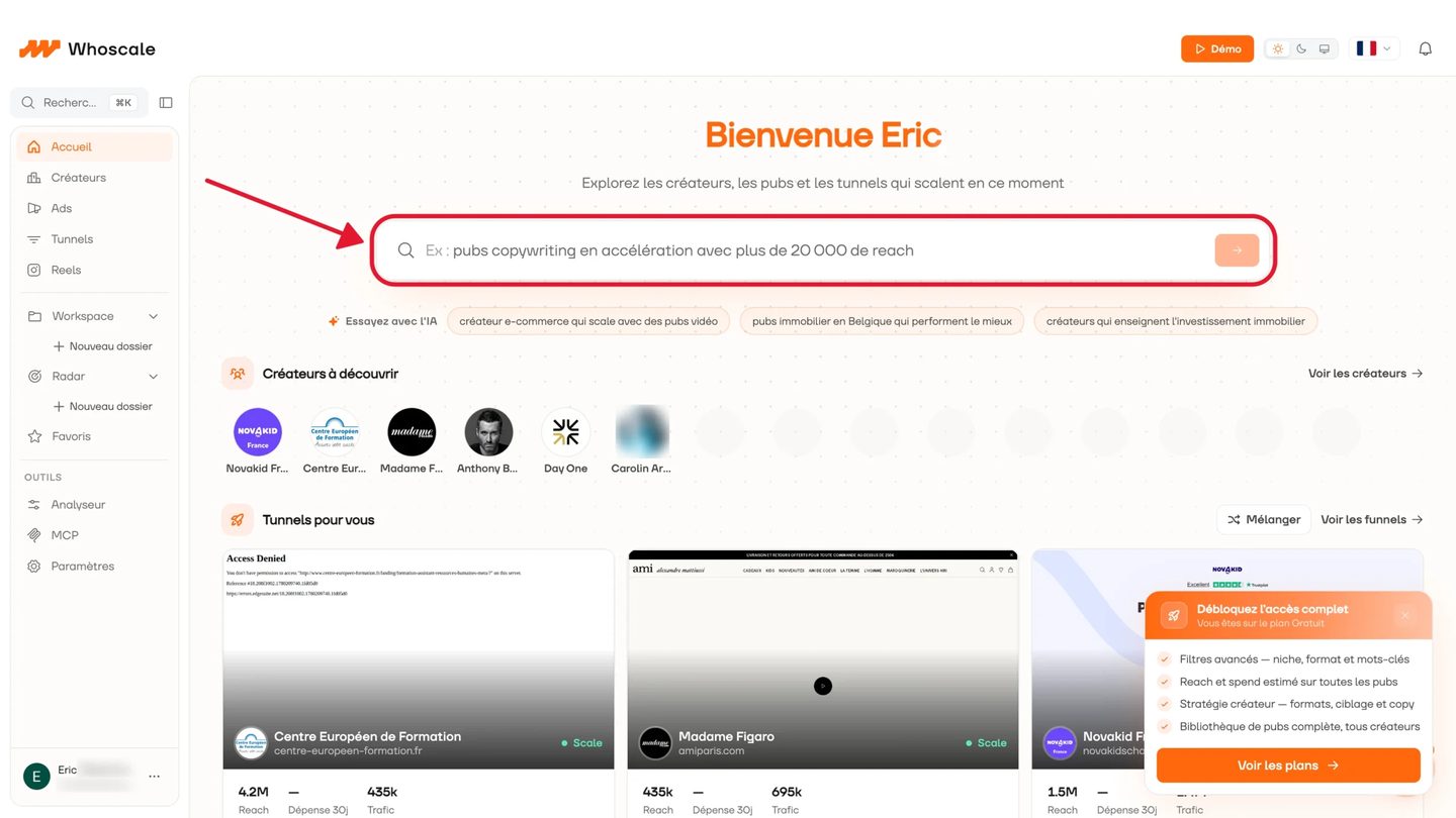 Whoscale : écran d'accueil avec une recherche en langage naturel, des créateurs à découvrir et des tunnels suggérés