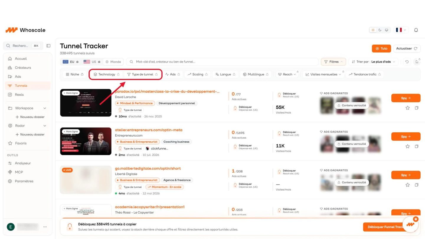Whoscale : Tunnel Tracker filtrable par technologie et par type de tunnel, avec ads actives et visites mensuelles